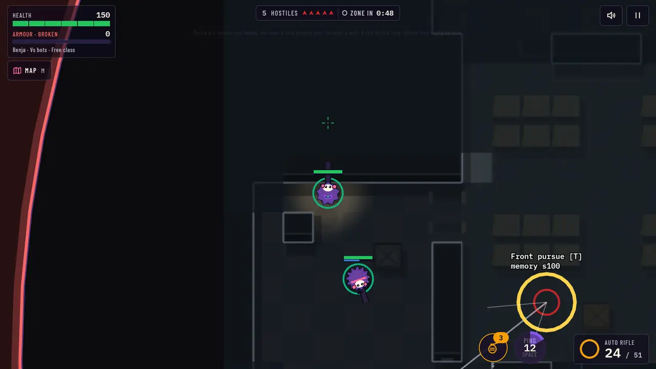 Armour gone: the armour bar is empty and the vitals panel flashes.