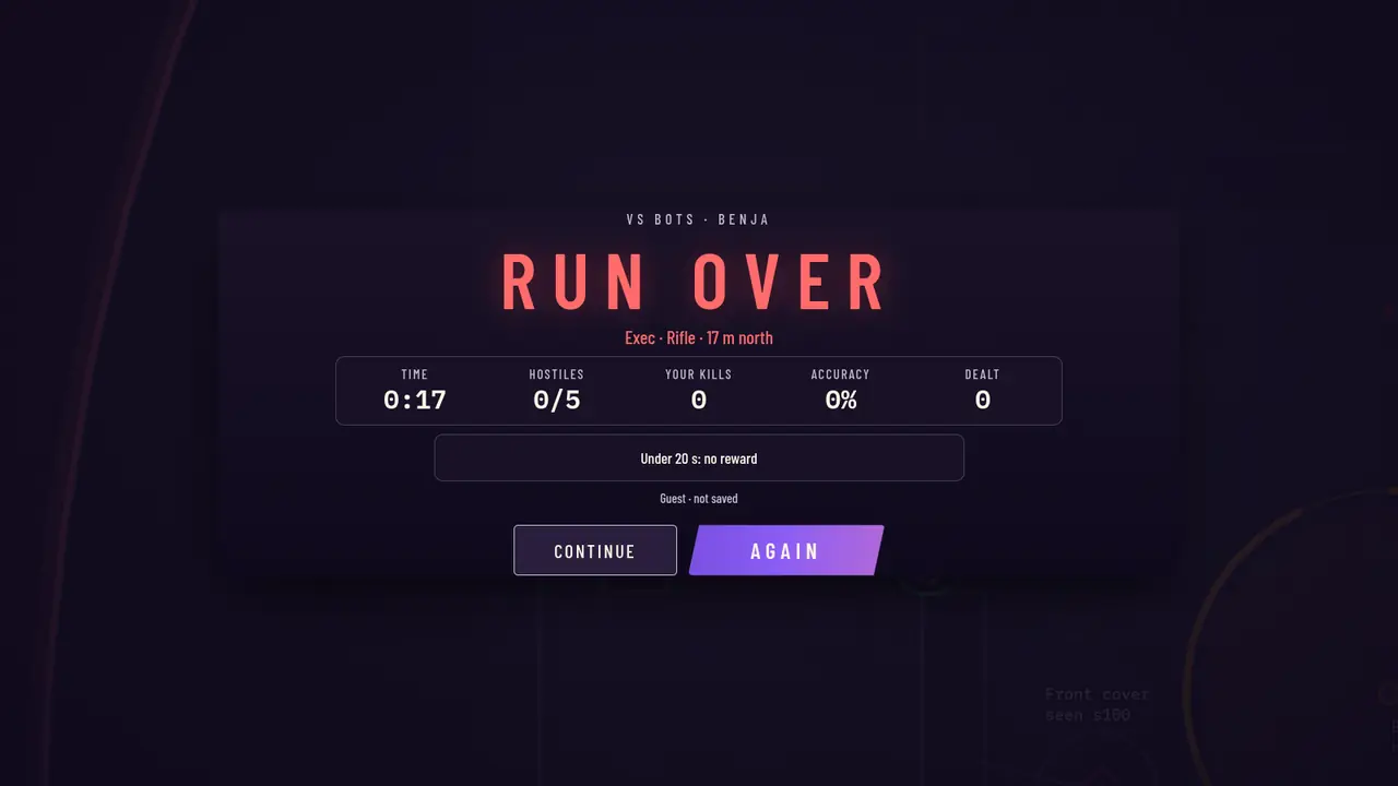 RUN OVER: the results screen after losing a solo match, with time, hostiles downed, kills and accuracy.