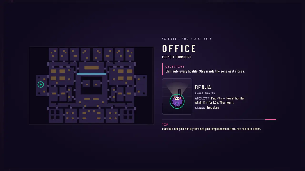 The deploy briefing before a solo match: the location, its map, the squad and the operator's ability, shown while the room loads.