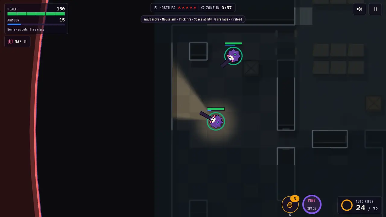 A solo match on Office at the start: the operator in a lit room with the vision cone ahead, the HUD around the edges.