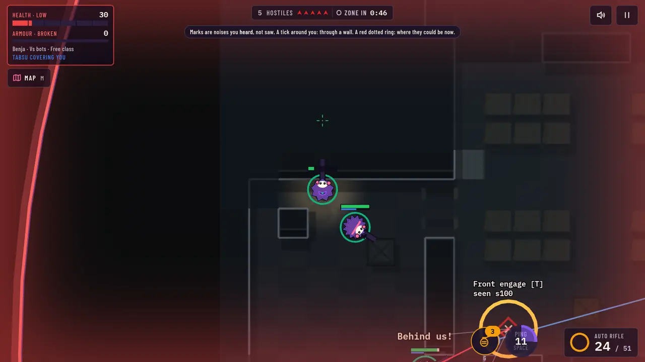 Low health: the health bar is short and the screen edges warn.