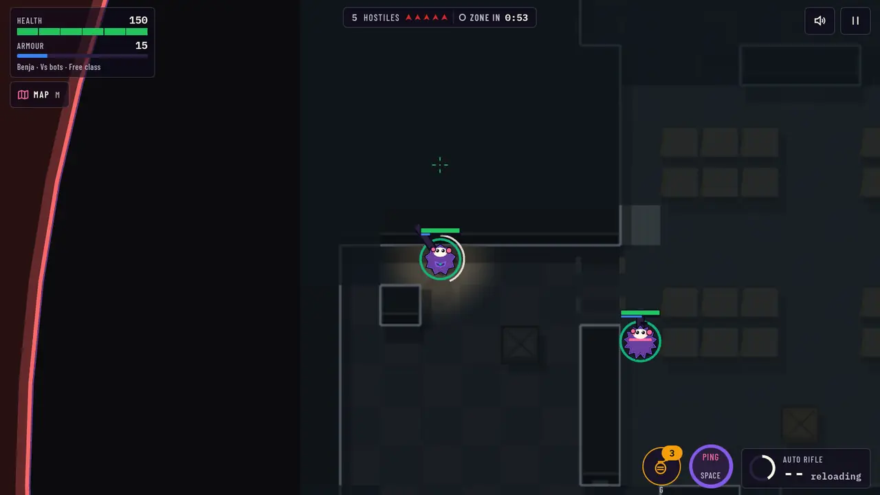Reloading: the ring around the weapon icon fills while the magazine reloads.