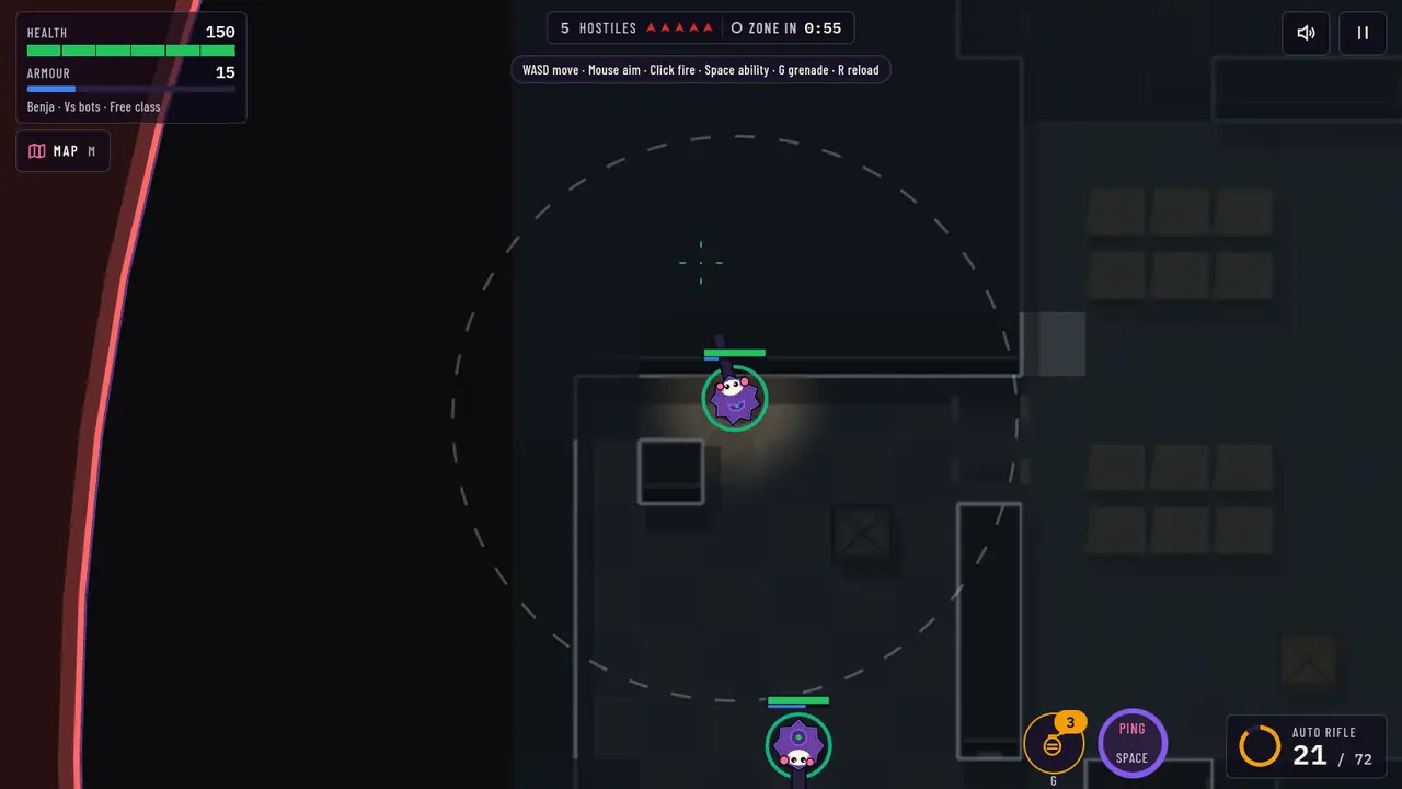 Running and firing: the dashed ring around the operator shows how far that noise carries.