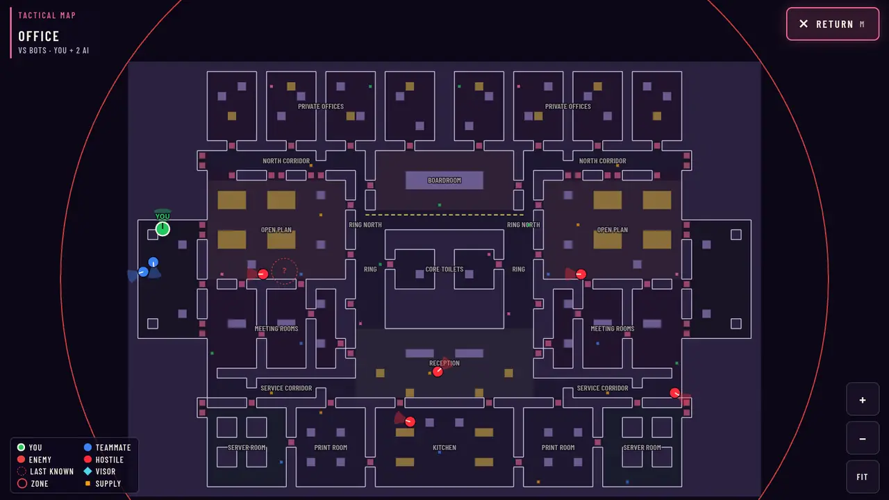 The tactical map open over a match on Office: the whole floor with area names, your squad and every living hostile at its live position, zoom buttons on the right.