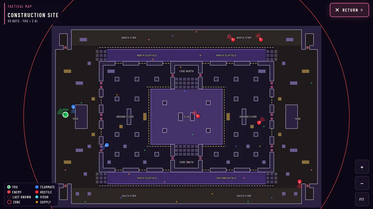The in-game tactical map of this location, opened at the start of a solo match: the floor plan with area names, the squad's position and every hostile's live position.