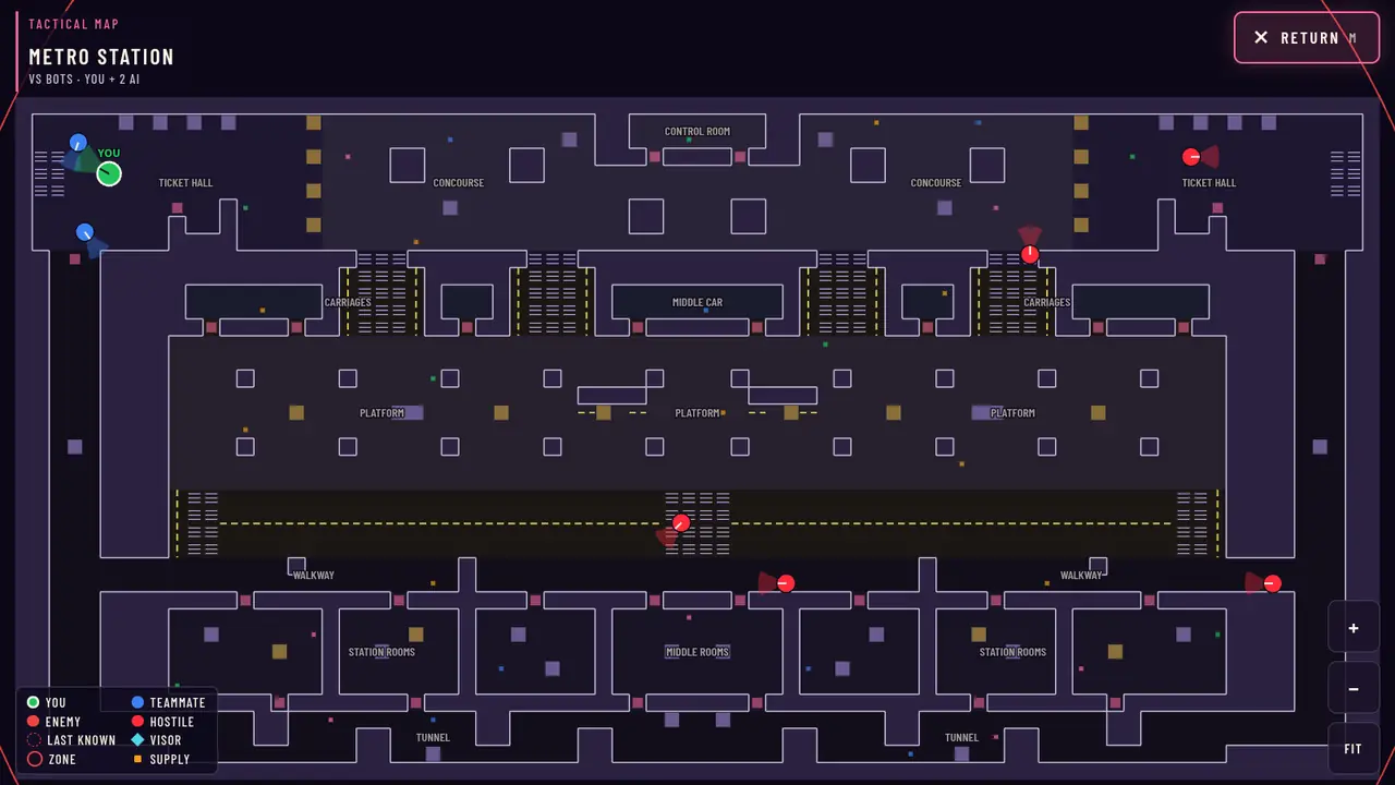 The in-game tactical map of this location, opened at the start of a solo match: the floor plan with area names, the squad's position and every hostile's live position.