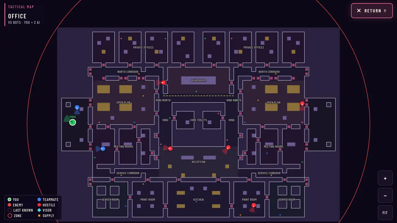 The in-game tactical map of this location, opened at the start of a solo match: the floor plan with area names, the squad's position and every hostile's live position.