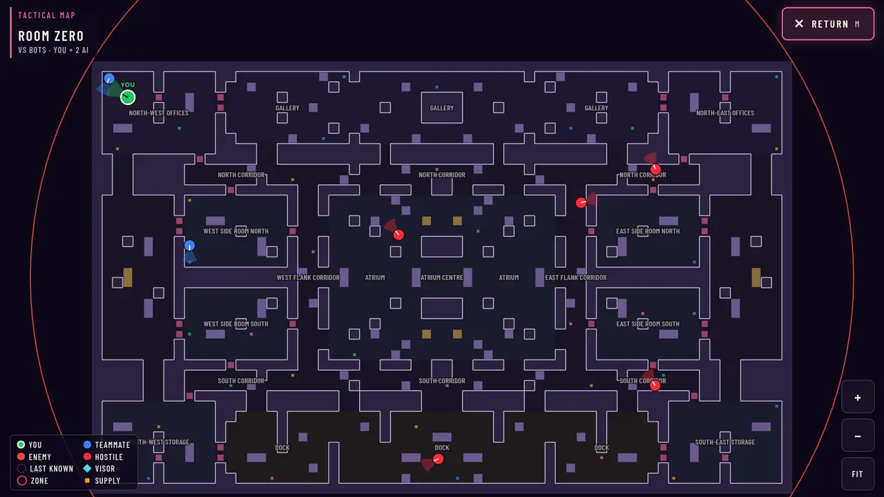 The in-game tactical map of this location, opened at the start of a solo match: the floor plan with area names, the squad's position and every hostile's live position.