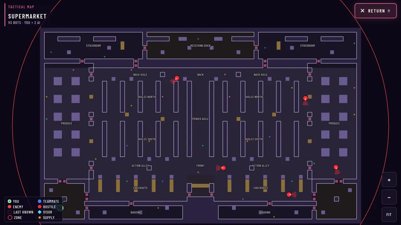 The in-game tactical map of this location, opened at the start of a solo match: the floor plan with area names, the squad's position and every hostile's live position.