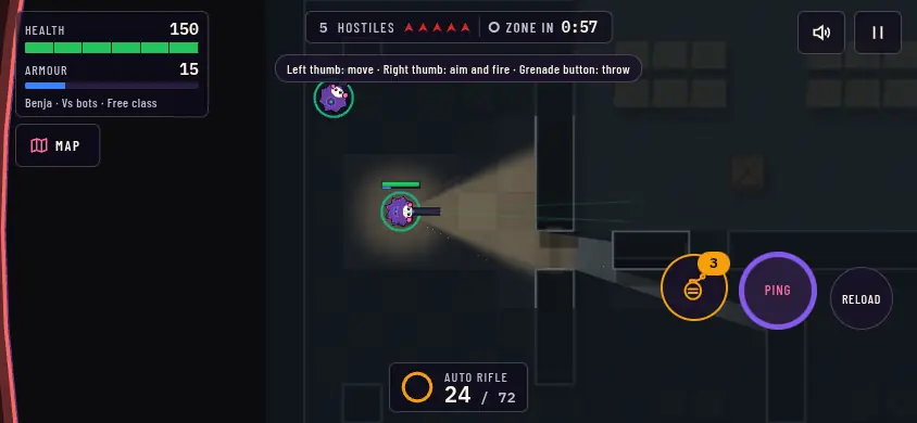 The touch HUD in phone landscape (emulated 844 by 390): vitals top left, buttons on the right, the left half of the screen is the move stick and the right half aims and fires.
