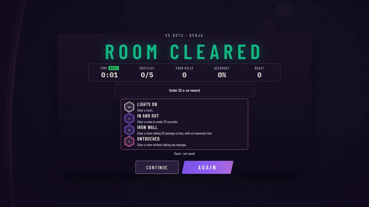 ROOM CLEARED: the results screen after winning a solo match, with the medals earned listed.